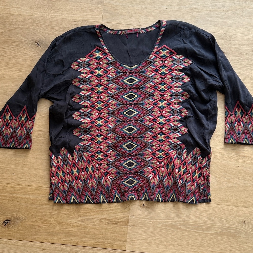 Johnny Was Black Top with Colorful Embroidery